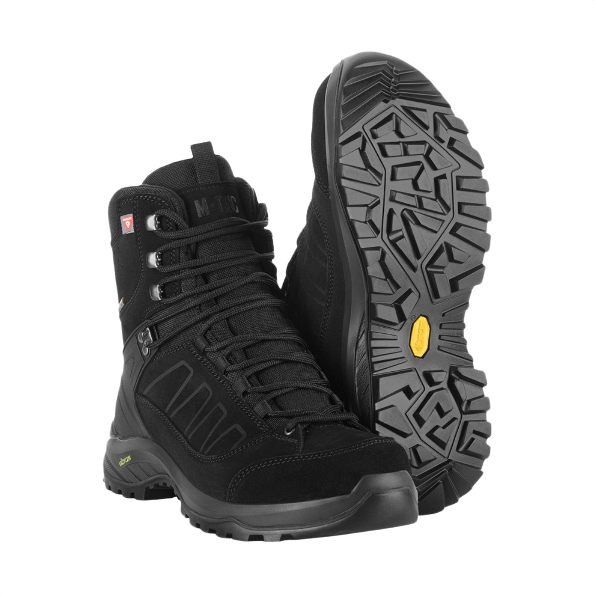 M-Tac Tactical Vinterstøvler i sort, robuste og skridsikre støvler med Primaloft isolering og Vibram sål, ideelle til krævende udendørsbrug.