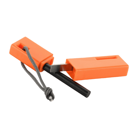 M-Tac tändstål i orange magnesiumlegering, perfekt för camping och outdoor, producerar gnistor vid 3000 °C med ståltänder.
