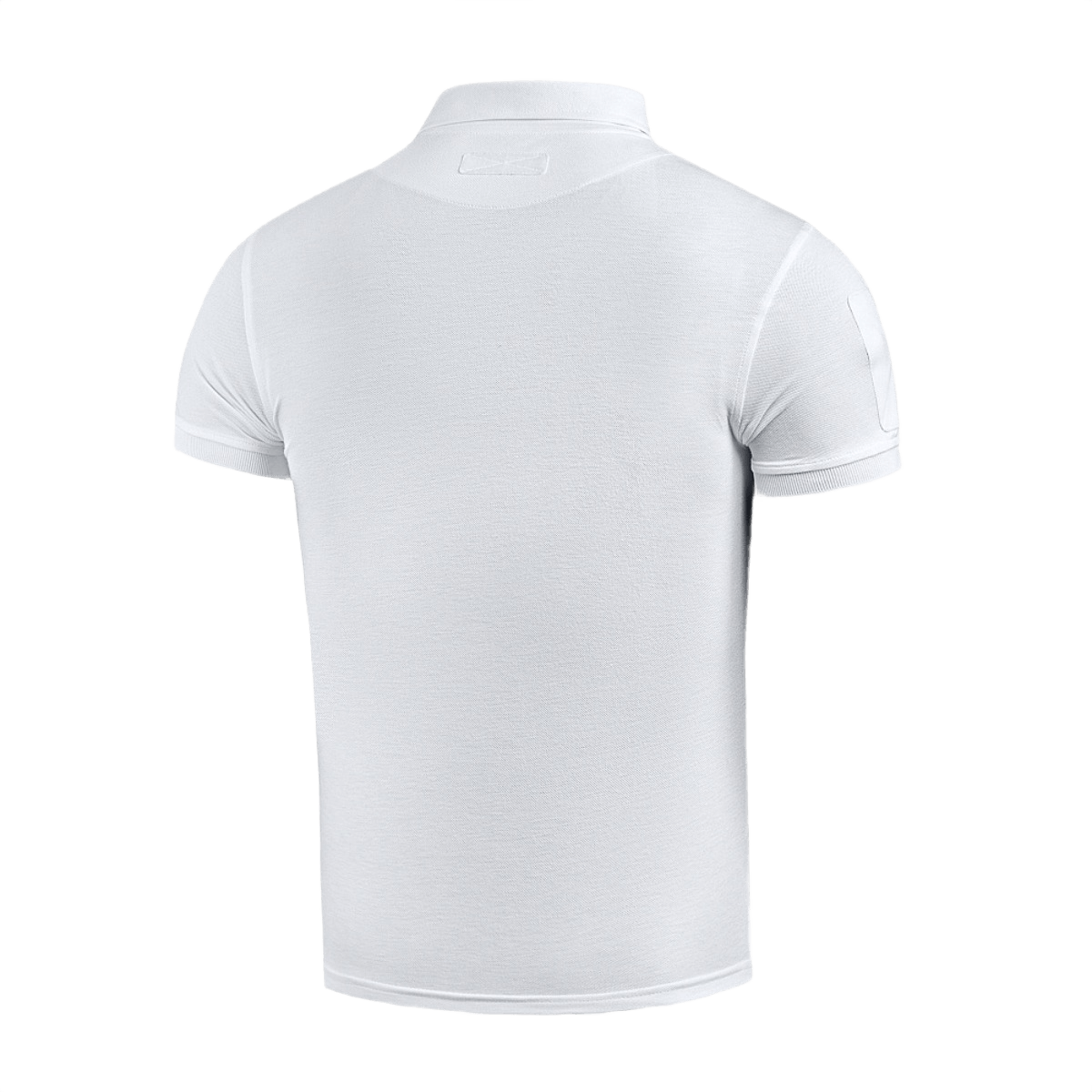 M-Tac Tactical Polo Shirt 65/35 for politibetjente og sikkerhed, hvid med velcro-paneler til patches, set bagfra.
