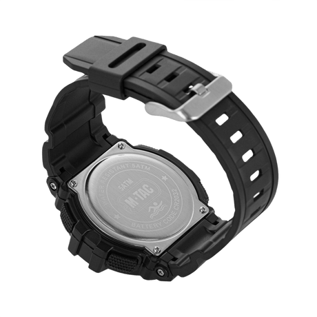 M-Tac Tactical Klocka med Kompass 2233 sedd bakifrån, armbandsur med tålig ABS-plastklocka och stålbakstycke, vattenavvisande med batterikod CR2032.