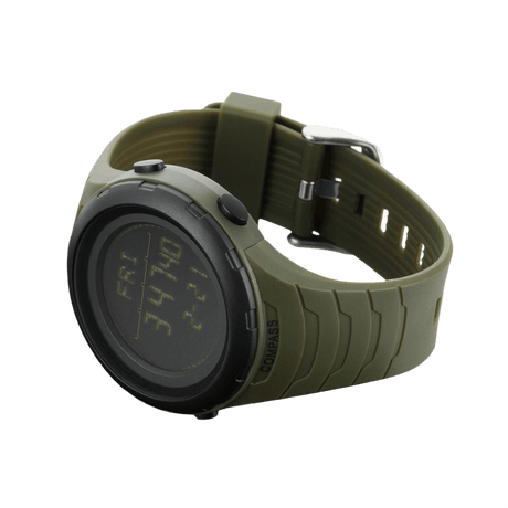 M-Tac Tactical-klocka 2166 i militärgrön med kompass, LED-bakgrundsbelysning, stoppur och robust ABS-plastboett.