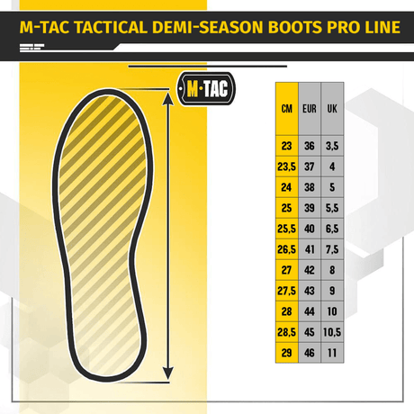Storleksöversikt för M-Tac Taktiska Demi-Season Stövlar Pro Line i cm, EUR och UK-storlekar, med Vibram-sula illustration.