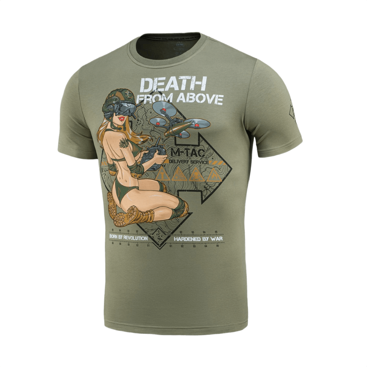 M-Tac T-Shirt Delivery Service med Pin-Up print og "Death from Above" tekst, grøn bomulds T-shirt inspireret af Anden Verdenskrig