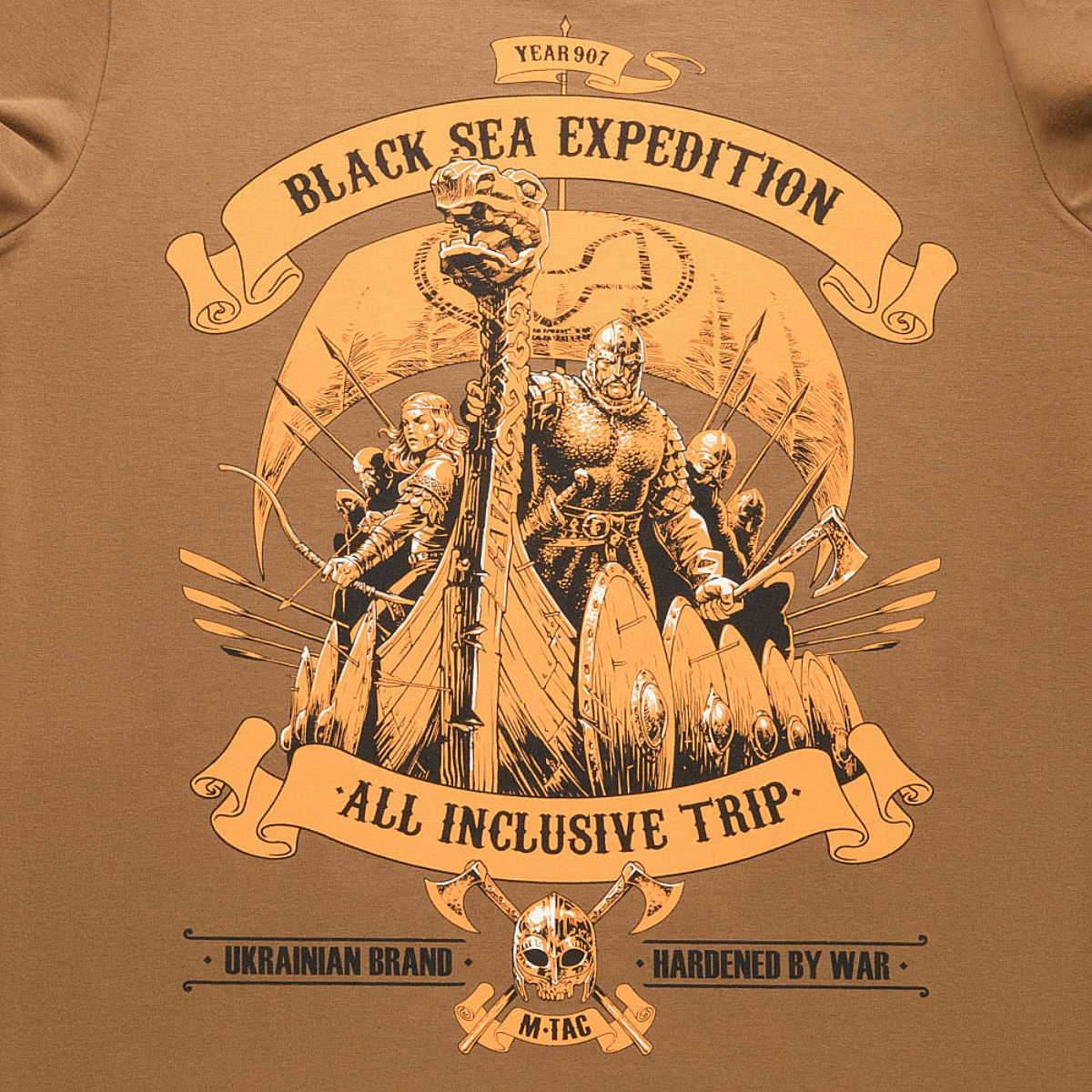 M-Tac T-shirt Black Sea Expedition med vikinge-illustration, ideel til jagt og turisme, materiale 93% bomuld og 7% elastan.
