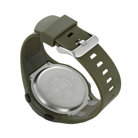 M-Tac Tactical-klocka 2166 med stålbaklock, ABS-plastrem och funktioner som 5ATM vattentålighet och CR2430 batterikod.