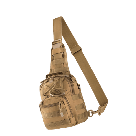 Tan M-Tac Urban Line City Patrol Fastex väska med en axelrem och fickor, gjord av slitstarkt vattenavvisande 600D polyester.
