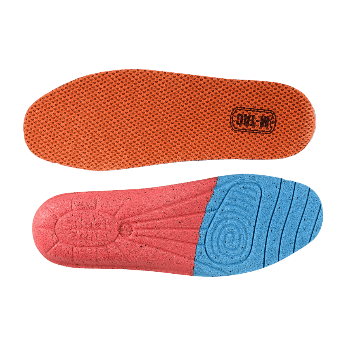 M-Tac Vent Sål Orange Gen.II med PU-skum og stødabsorbering, set ovenfra og nedenfra, i orange og blå design
