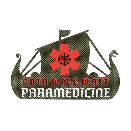 M-Tac Patch Viking Evac med texten 'Odin Will Wait Paramedicine' i rött och vitt. Designen innehåller ett vikingaskepp. Militär patch.
