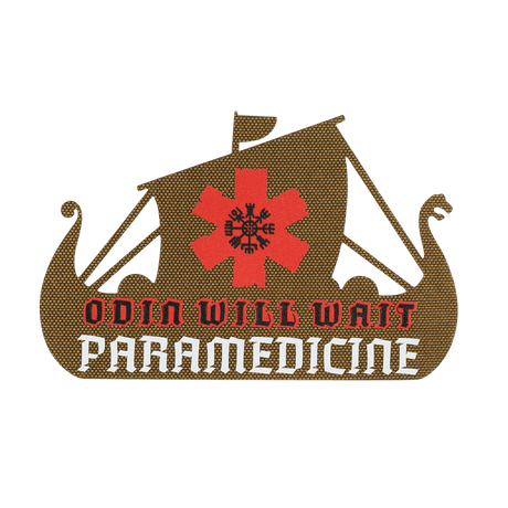 M-Tac Patch Viking Evac med Odin Will Wait och Paramedicine-design på ett vikingaskepp