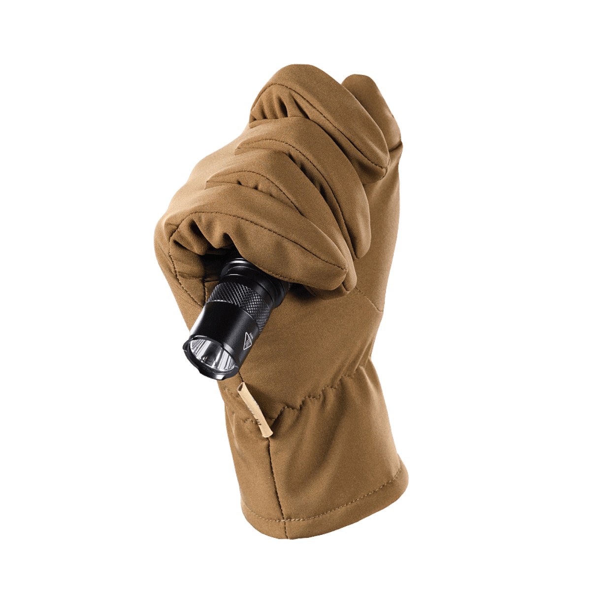 M-Tac Vinterhandsker Soft Shell i brun farve holder en lommelygte, velegnet til dårligt vejr, let og funktionelt tilbehør.