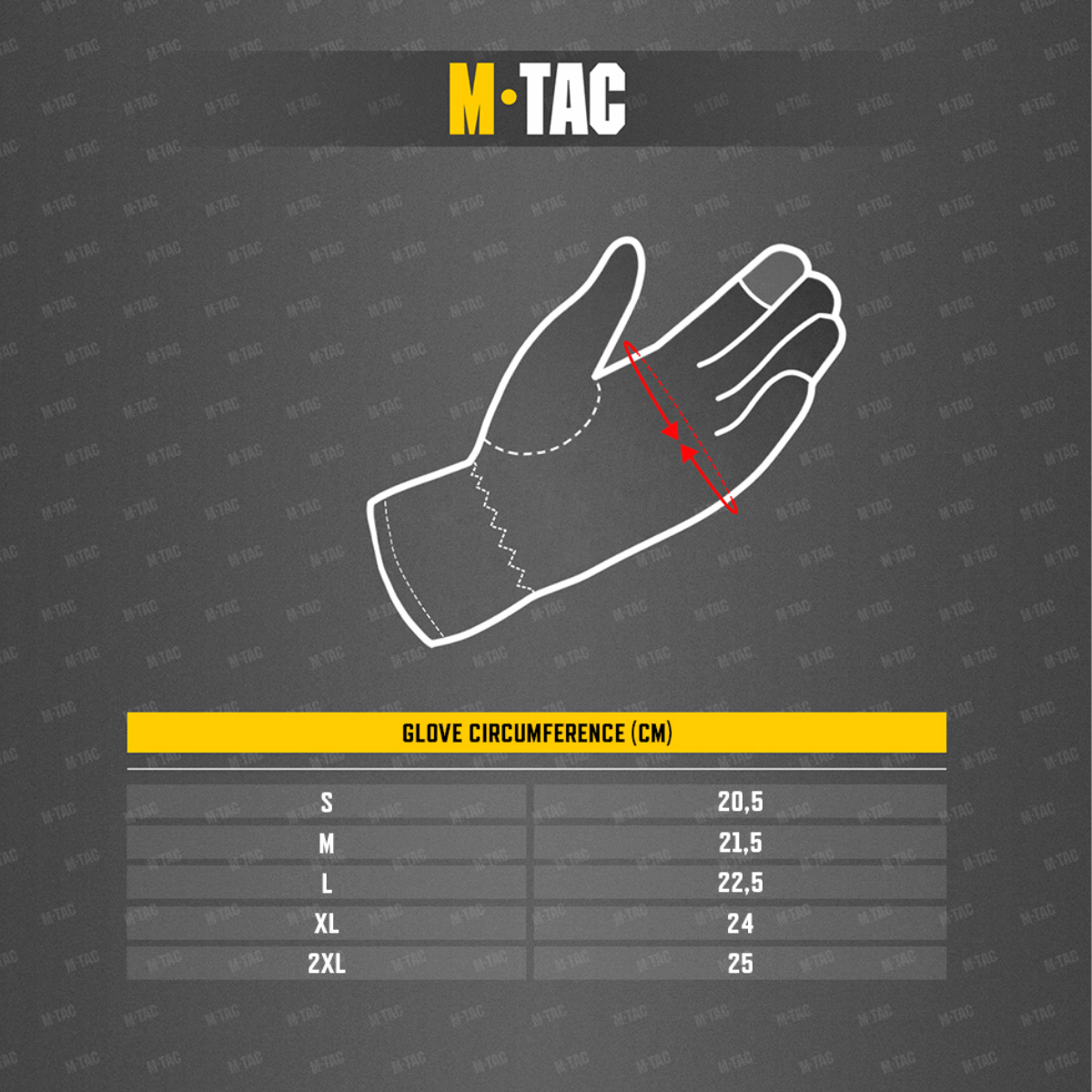 M-Tac Vinterhandsker Soft Shell størrelsesguide med mål for S, M, L, XL og 2XL i centimeter for optimal pasform.