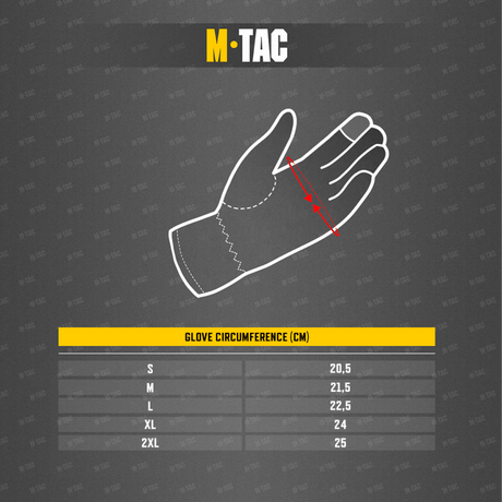 M-Tac Vinterhandsker Soft Shell størrelsesguide med mål for S, M, L, XL og 2XL i centimeter for optimal pasform.
