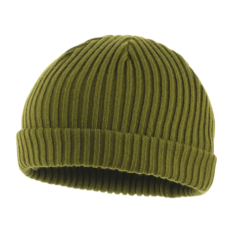 M-Tac Watch Cap 100% Akryl i grøn, strikket hue med lav profil og dobbelt opslag, ideel til køligt vejr. Fås i S, M, L, XL størrelser.