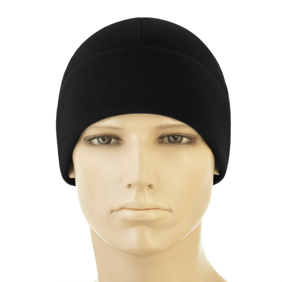 Sort M-Tac Watch Cap Elite Fleece Beanie Hat Slimtex på mannequin hoved, ideel til koldt vejr og taktisk brug, lavet af holdbar fleece og Slimtex.