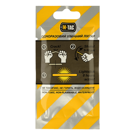 M-Tac Light Sticks 4,5x40 mm (10 st) förpackning med instruktioner och märkning, icke-giftig och vattentät design, upp till 8 timmars ljus.