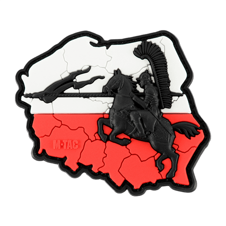 M-Tac Patch Husaria 3D PVC visar en vingad husar med Polens flagga i bakgrunden. Realistiskt utseende med velcro-montering, 70 x 80 mm.