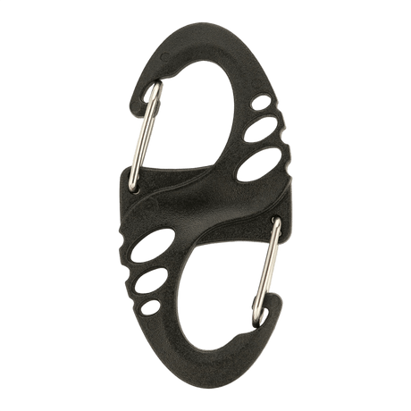 M-Tac Plast S-Krog Karabinhage, sort plast dobbeltsidet karabinhage til nøgler og let udstyr, ikke til klatring. Perfekt til daglig brug, EDC-kit.
