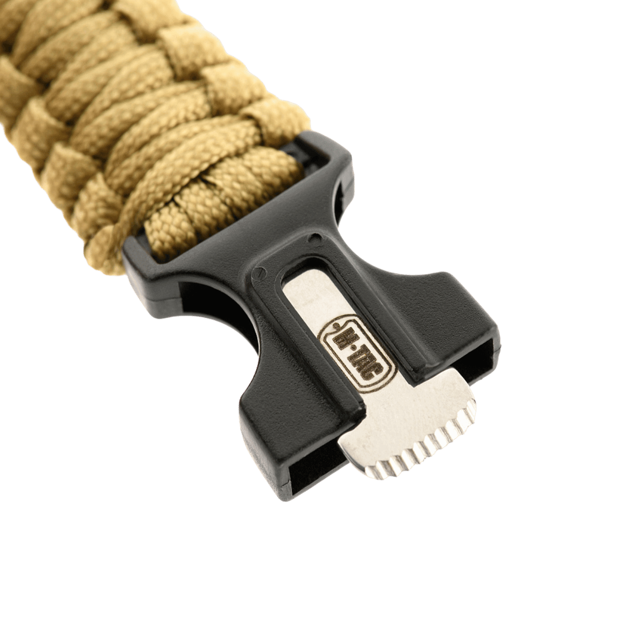 M-Tac Paracord Armbånd med Ildstarter, Kompas og Fløjte, beige farvet reb og spænde, detaljeret visning