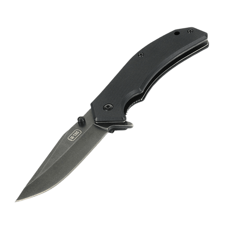 M-Tac Outdoor & Militär fällkniv - Type 8 med Clip Point-blad, svart handtag, tillverkad av 5Cr15MoV kromat rostfritt stål.
