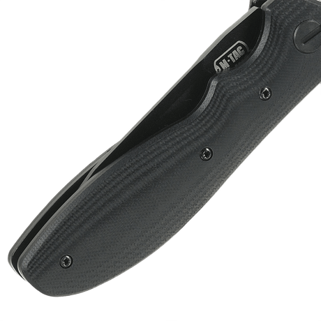 M-Tac Outdoor & Militär fällkniv - Type 6 med G10-komposithandtag, sedd från sidan med svart, lätt design och robusta greppytor.