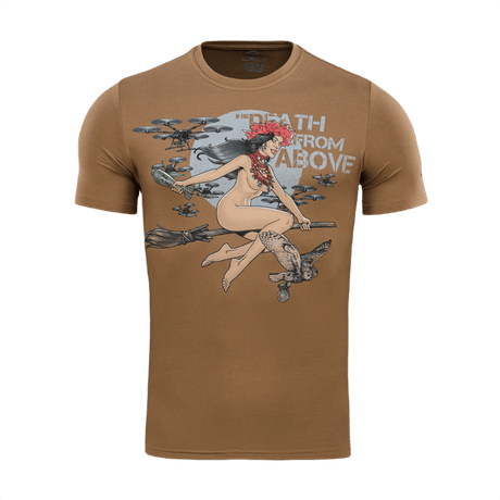 M-Tac T-Shirt Death From Above med heksedesign og droner, brun t-shirt i bomuld og elastan, modstandsdygtigt print, moderne militær stil