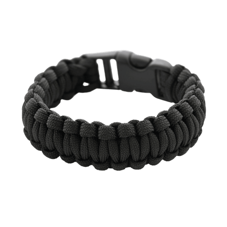 Svart M-Tac Paracord-armband med starkt och lätt rep för överlevnadsbruk, idealiskt för friluftsliv och militärinspirerad stil.