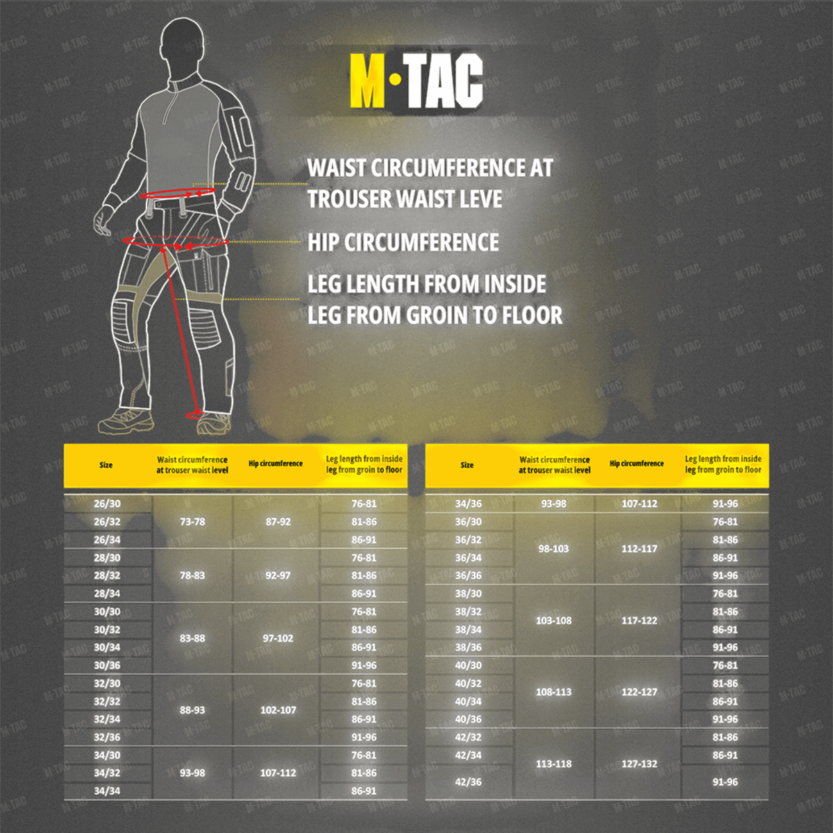 Størrelsesdiagram for M-Tac Bukser Aggressor Elite NYCO med taljemål, hoftemål og benlængde fra lyske til gulv.
