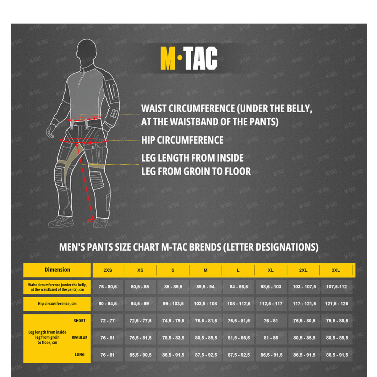 Size chart for M-Tac Feltbukser NYCO with waist, hip, and leg measurements for different dimensions in pants sizes.