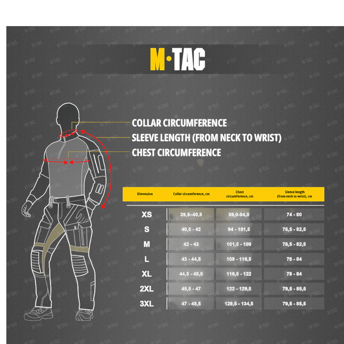 Størrelsesguide for M-Tac Bukser Army Gen. II NYCO Extreme med målinger og størrelsesoplysninger