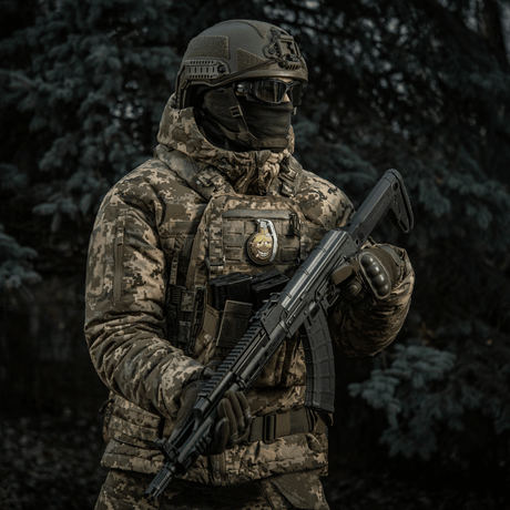 Soldat i kamouflagejacka med M-Tac Patch M67 granat 3D PVC på västen under militär operation i skogen.