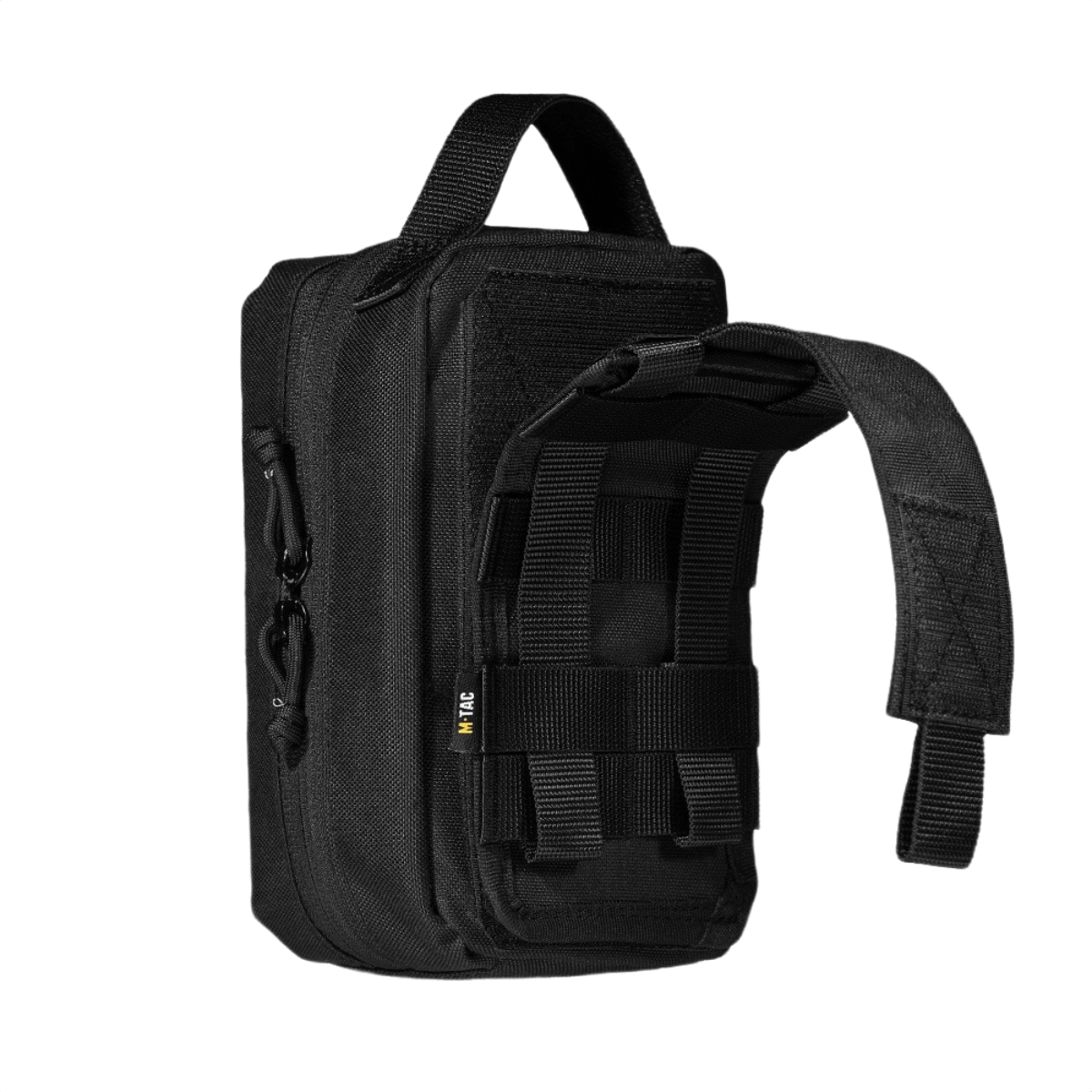 Sort M-Tac Medical Pouch Rip Off med MOLLE Velcro-paneler, designet til opbevaring af førstehjælpskit, med robust lynlås.