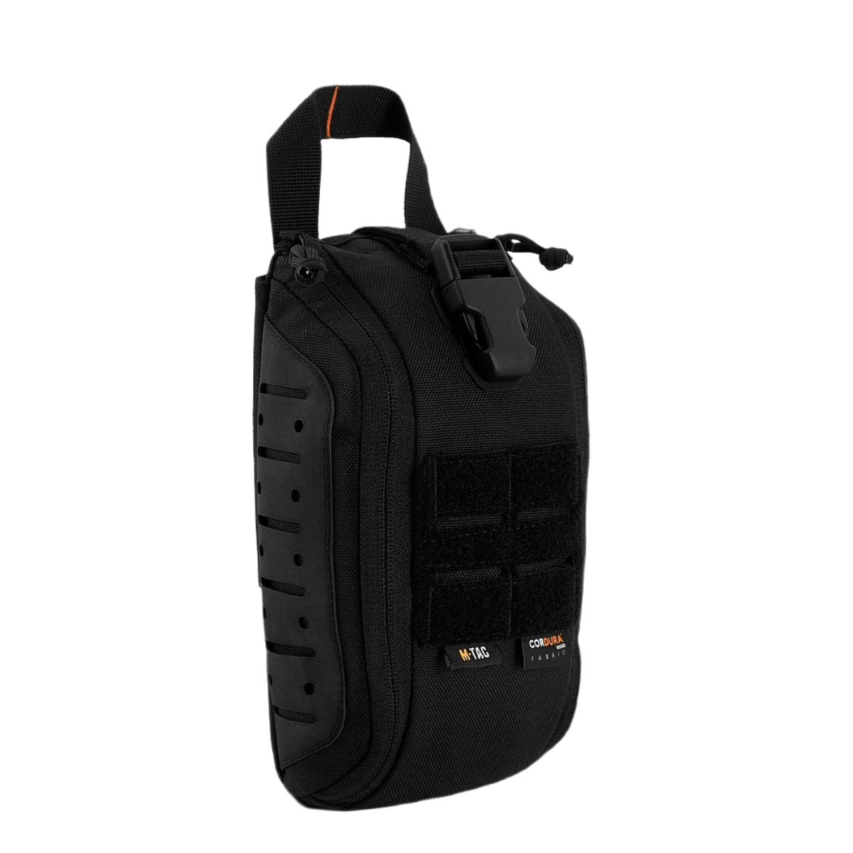 M-Tac Medical Pouch Elite Rip Off i sort, taktisk førstehjælpstaske, der kan åbnes hurtigt for nem adgang i nødsituationer.