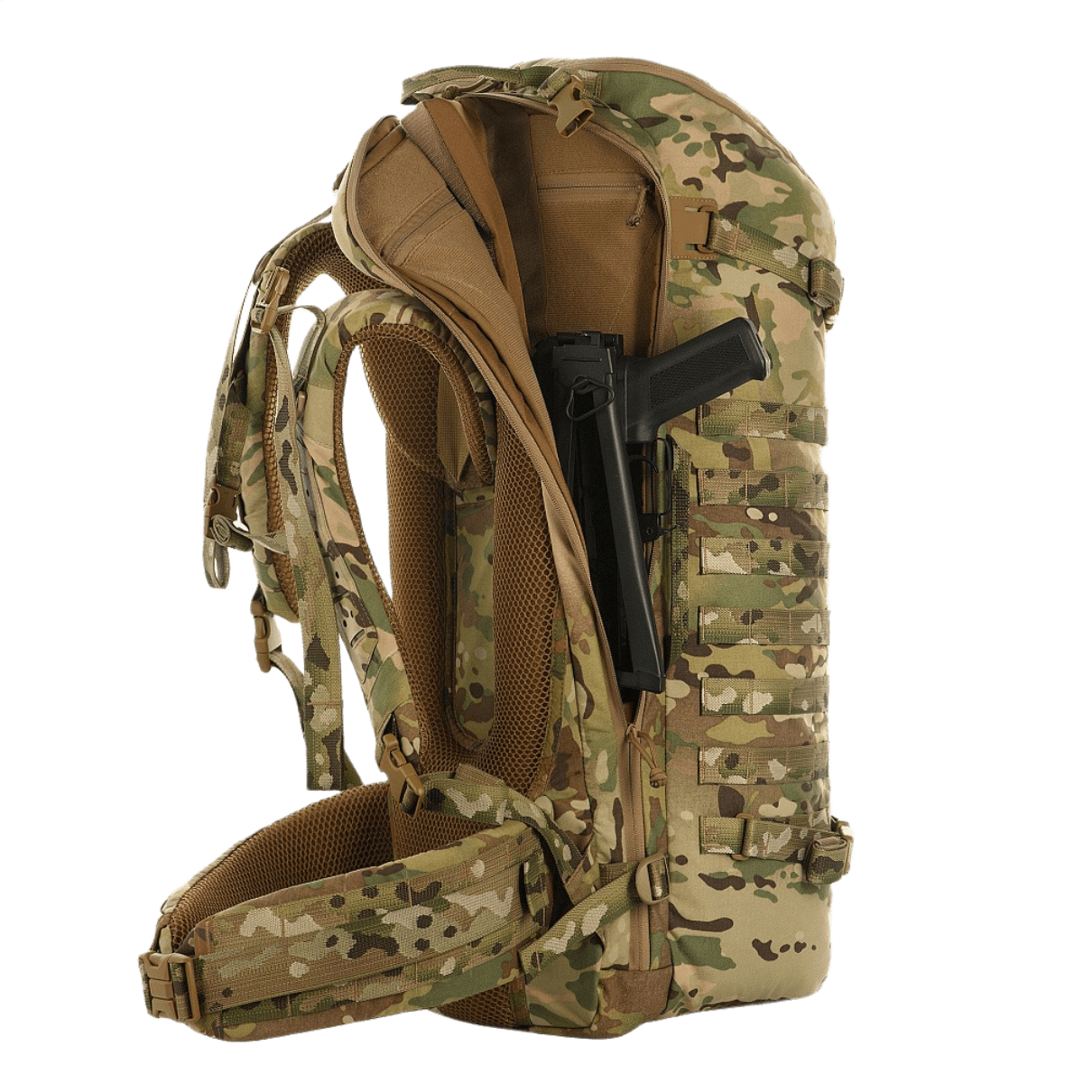 M-Tac Rygsæk Gen.II Elite Large i camouflagedesign, åbnet for at vise indvendige rum til opbevaring af våben, fremstillet af holdbar Cordura.