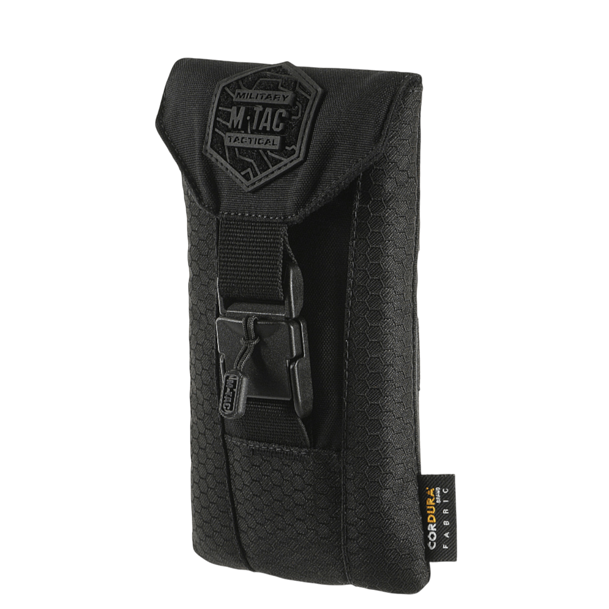 M-Tac Smartphone Lomme Elite Large Hex i sort lavet af slidstærkt CORDURA HEX materiale med WJ magnetisk spænde for sikkerhed.