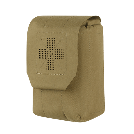 M‑Tac Medic Pouch Vertical Large Elite i slidstærkt Cordura 500D materiale, designet til sikker opbevaring af førstehjælpsudstyr.