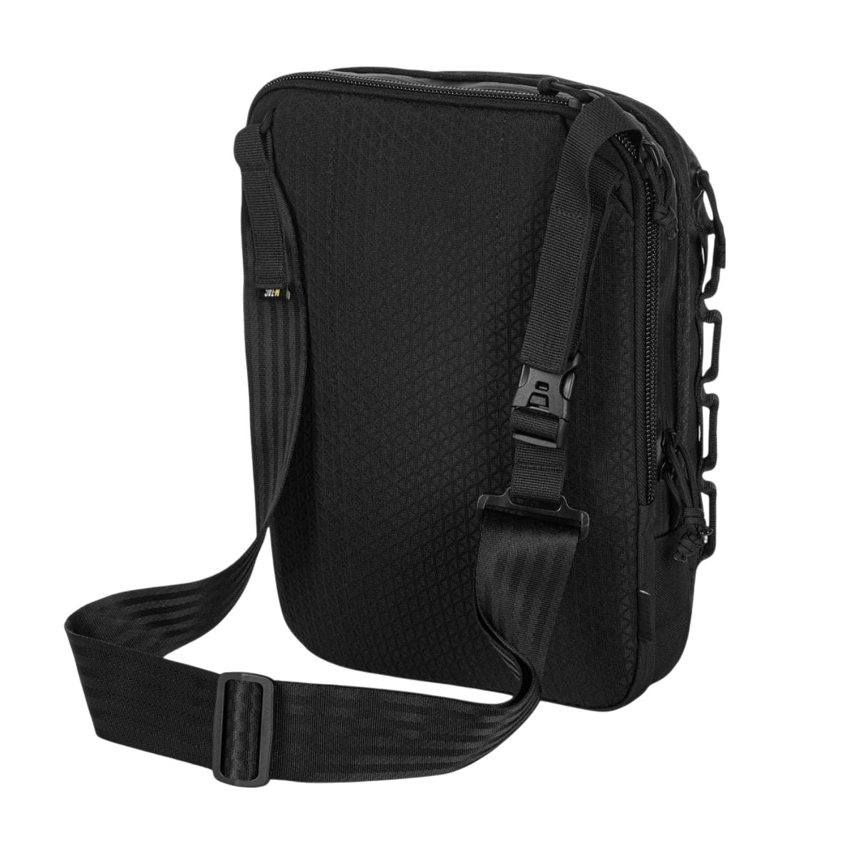 M-Tac Tablet Bag Laser Cut Hex i sort med justerbar skulderrem og flere rum til EDC, tablet og små laptops, fremstillet af Cordura.