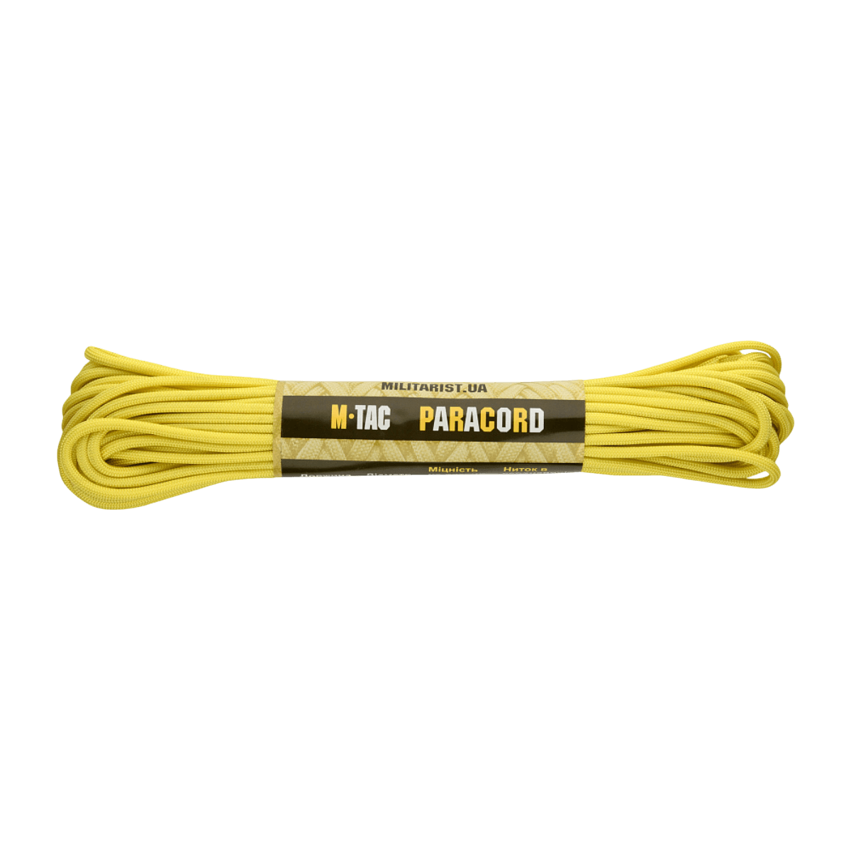 M‑Tac Paracord 550 Type III 15 m gul nylonkordel ideel til friluft, reparationer, nødbrug med 240 kg brudstyrke og 7 nylontråde kerne.
