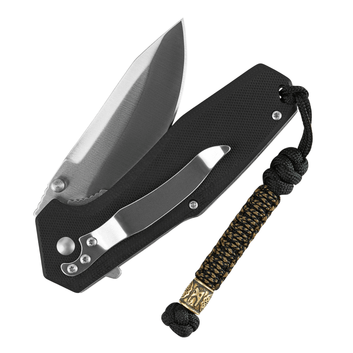 M-Tac Lanyard Scandinavian Mannaz attached to a folding knife with decorative Scandinavian bead, showcasing paracord design for easy access and style.