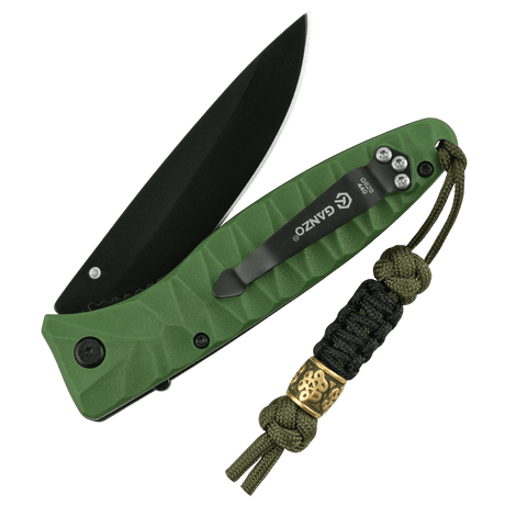 M-Tac Lanyard Scandinavian Small Chinese Knot on a green knife handle with decorative bead in close-up.