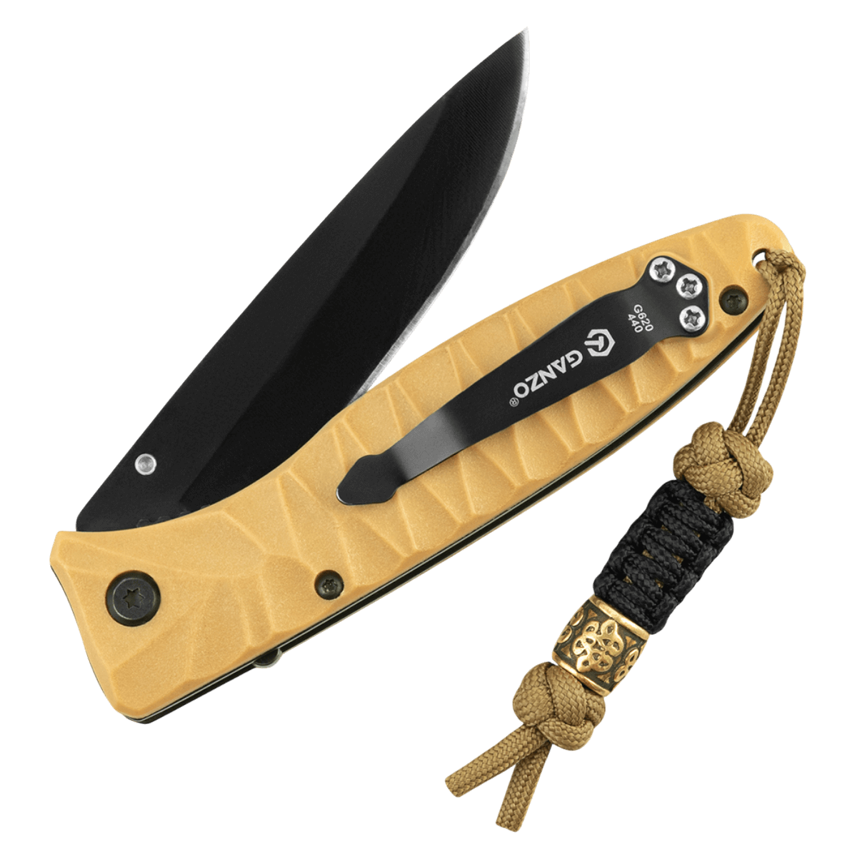 M-Tac Lanyard Scandinavian Small Chinese Knot vedhæftet til en foldekniv med dekorativ perle og snoet paracord.