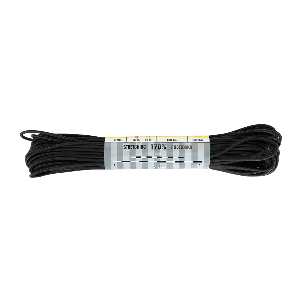 M-Tac Paracord Shock-Cord 15m, elastisk og stærk snor ideel til militært brug og friluftsliv, set i sort bundtform.