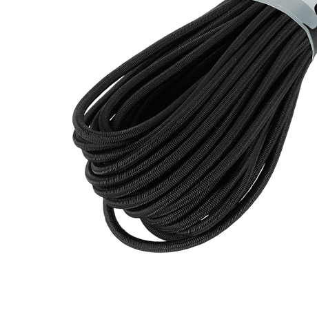 M-Tac Paracord Shock-Cord 15m i sort, elastisk og slidstærk; velegnet til militært brug, friluftsliv og udendørsaktiviteter.
