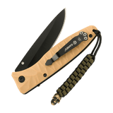 M-Tac Knife Lanyard Cuboid Skull med flettet paracord og dekorativ Cuboid Skull-perle, vedhæftet på foldbar kniv med åbent blad.