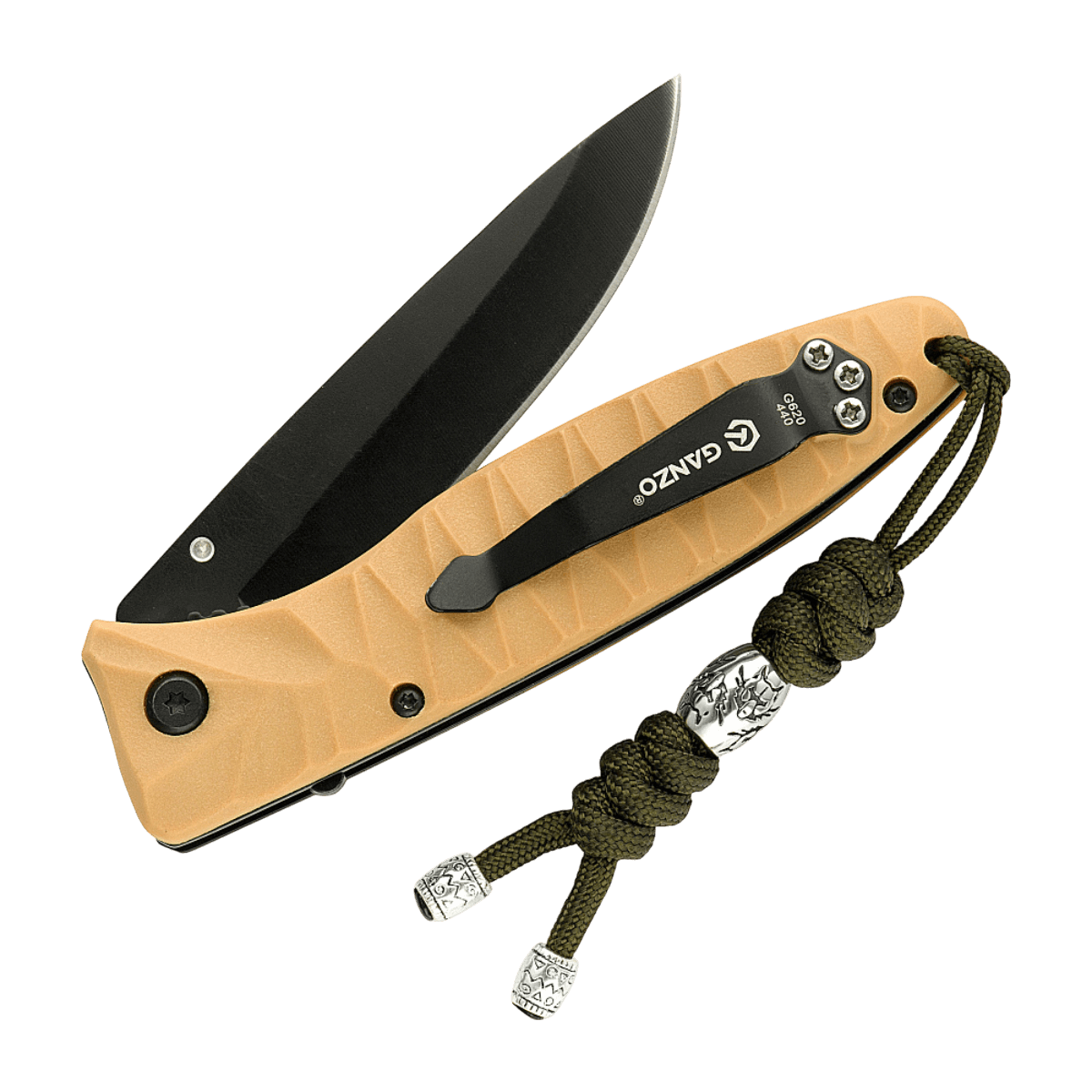 M-Tac Zeus Stainless Steel Lanyard med flettet paracord og dekorative perler, fastgjort til en foldekniv for nem adgang.