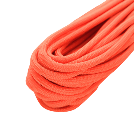 M-Tac Paracord Survival 15m i rød nylon med 7 kerne-tråde, jute og fiskesnøre, ideel til militær, friluftsliv og overlevelsesaktiviteter.