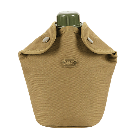 M-Tac Flaskeholder MOLLE i beige med knaplås og grønt låg, designet til friluftsbrug, lavet af slidstærk polyester med PVC-belægning.
