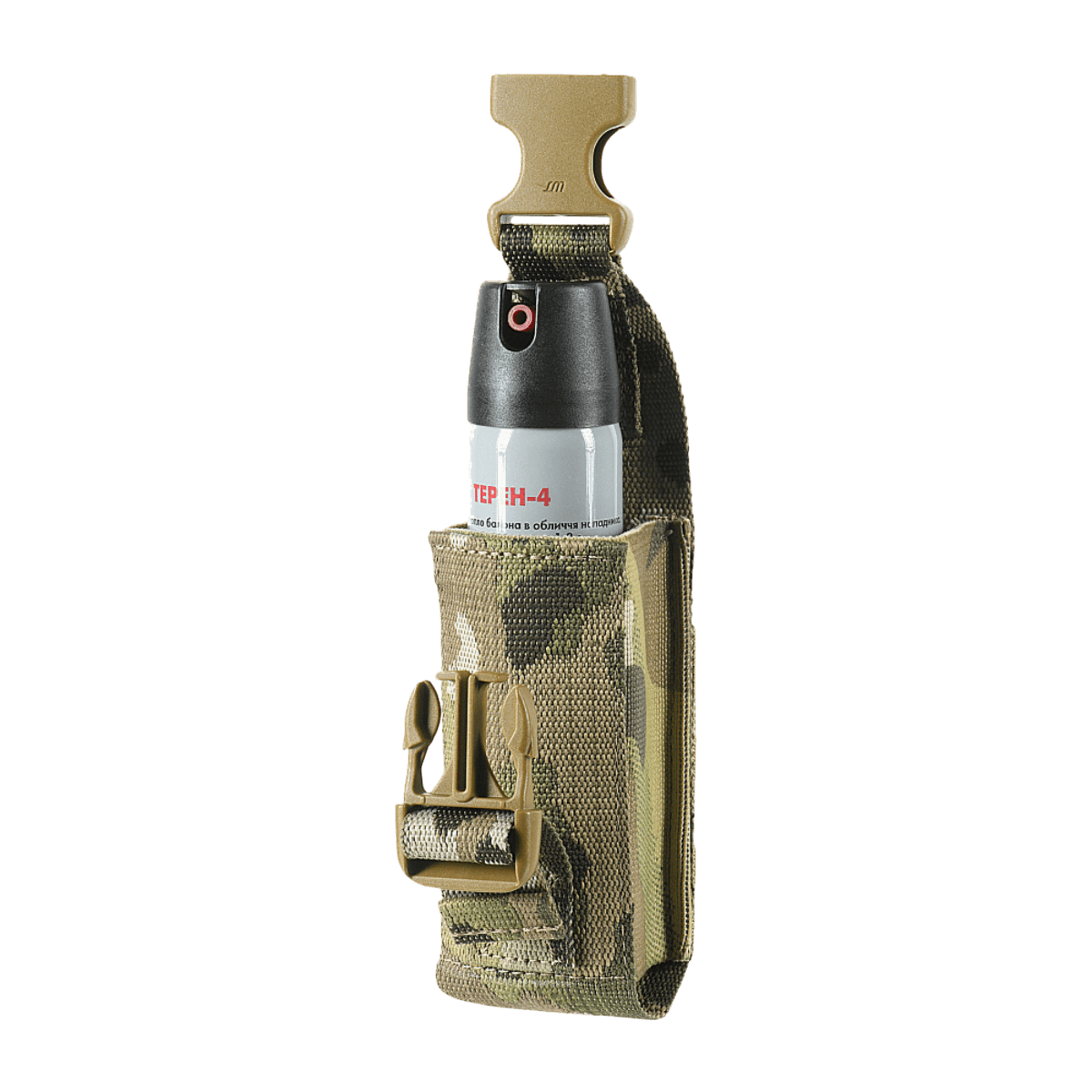 M-Tac Gasdåseholder Vertikal, praktisk holder med Woojin-lås og MIL-SPEC strop, monteret på bælte via MOLLE-system.