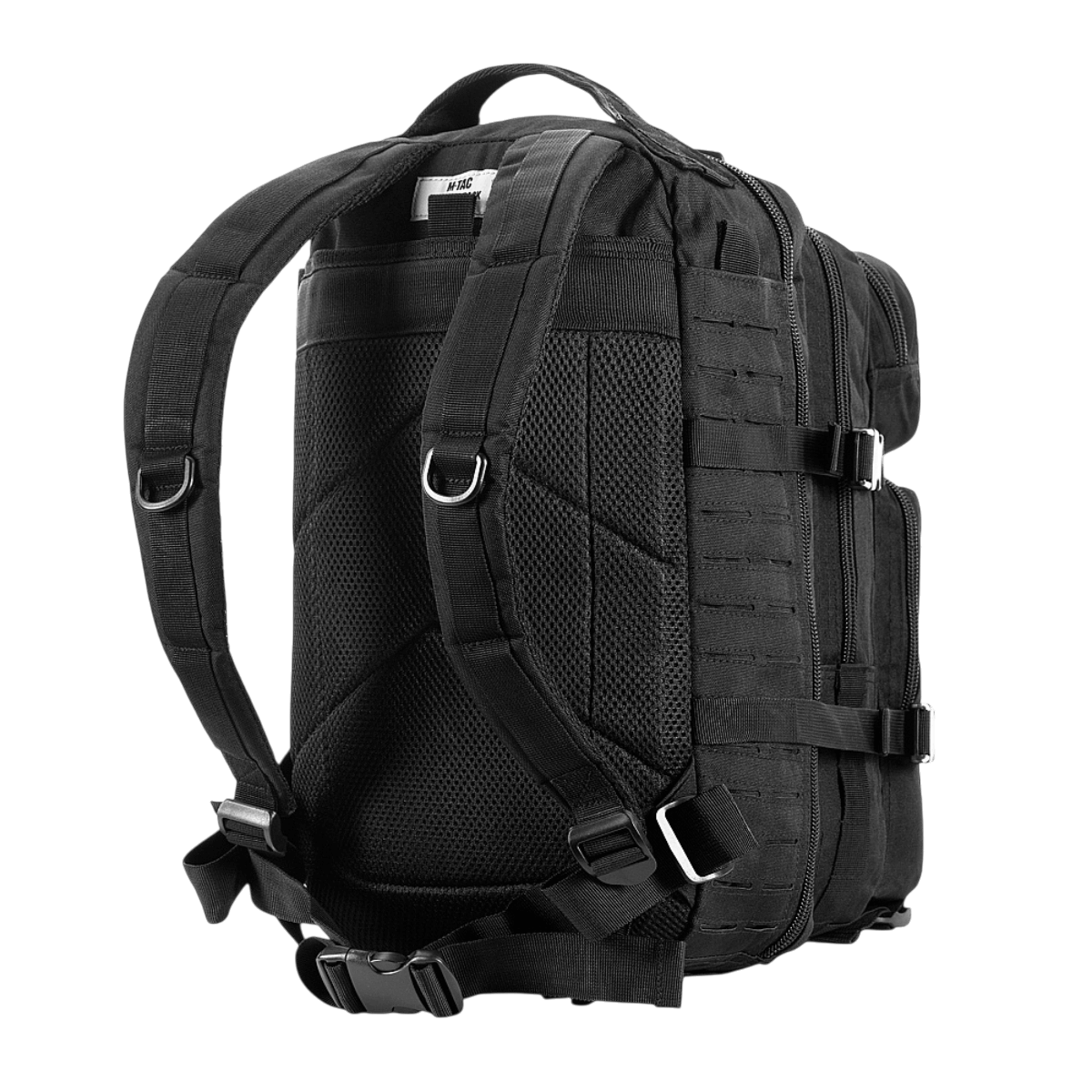 Sort M-Tac Assault Pack Laser Cut rygsæk set bagfra med justerbare skulderremme og MOLLE-system, ideel til byliv og korte vandreture.