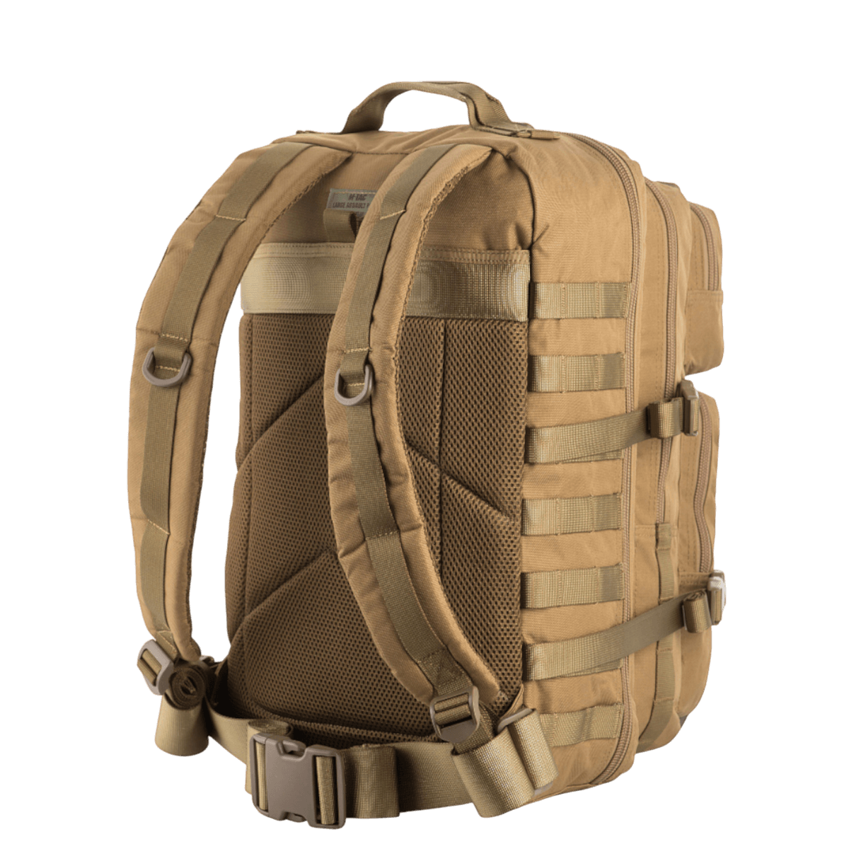M-Tac Large Assault Pack Rygsæk i beige med polstrede skulderremme og MOLLE-system, ideel til bybrug og kortere vandreture.
