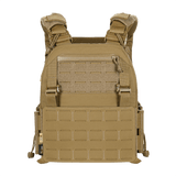 M-Tac Plate Carrier Cuirass FAST Elite Gen.II i tan farve, med slidstærkt Cordura 500D materiale og hurtiglåse, set forfra.